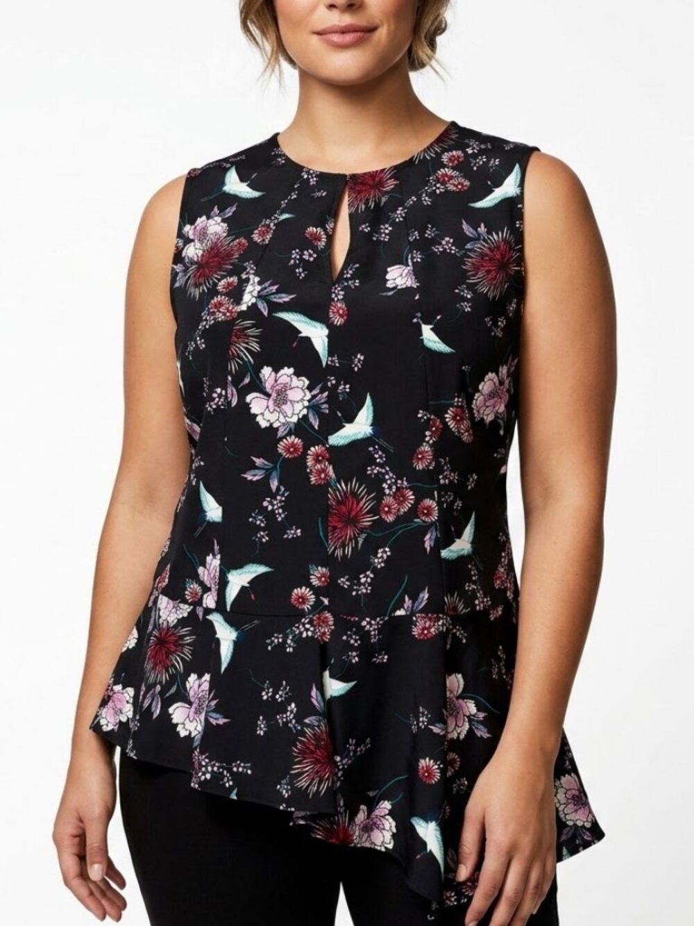 Attention Whimsigoth Floral Crane Peplum Blouse Keyhole Back Size L
